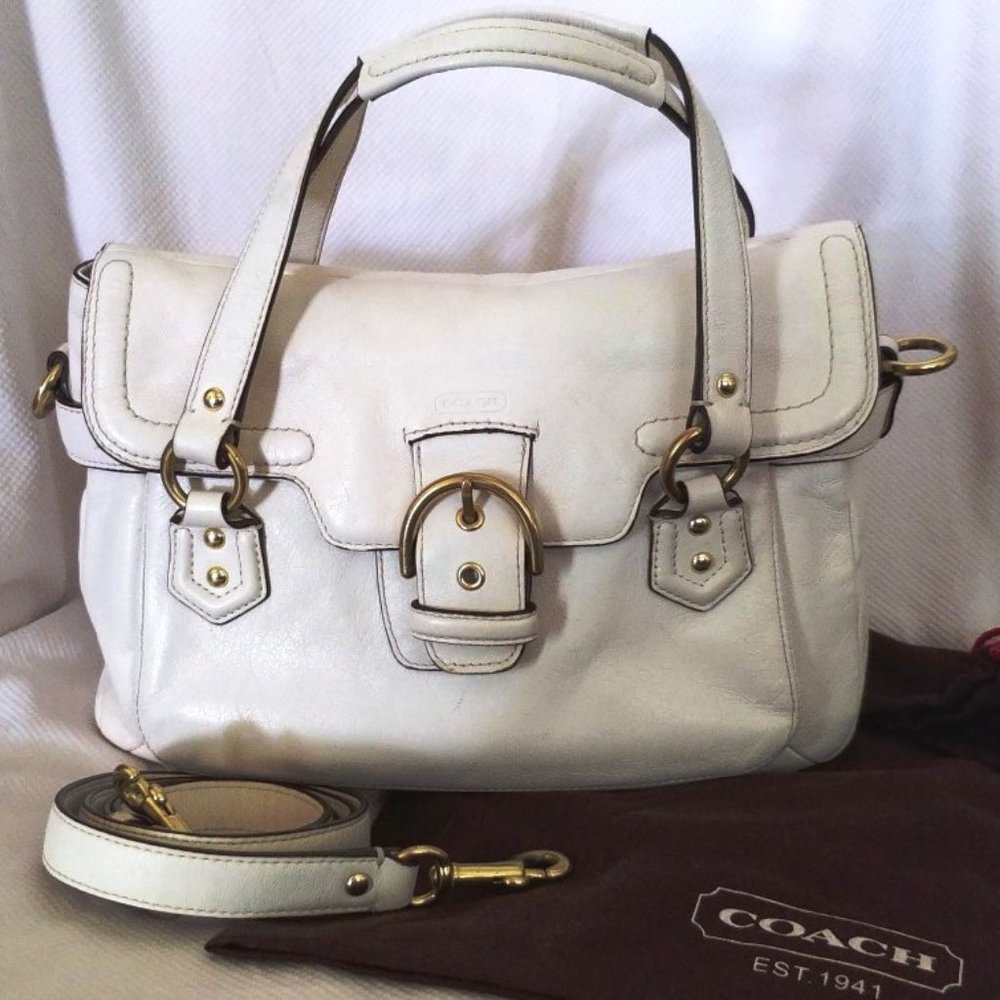 Coach Soho Leather Campbell Flap Convertible Satchel in White & Brass, EUC